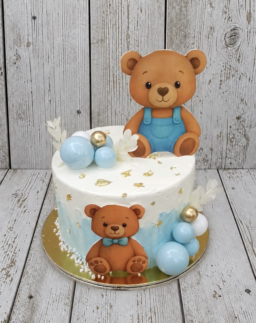 Fehér-kék keresztelő torta mackó figurákkal és arany díszítéssel