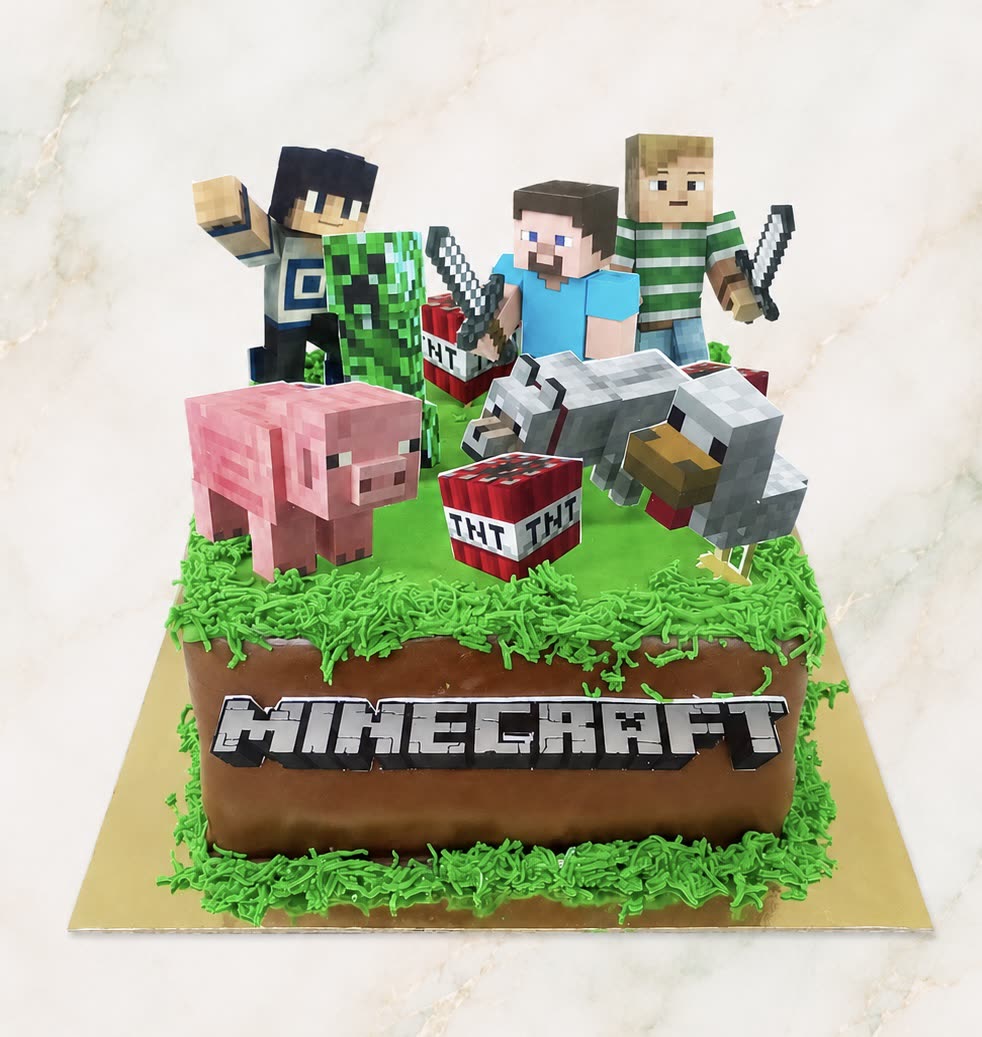 Szögletes Minecraft torta figurákkal, malaccal és farkassal