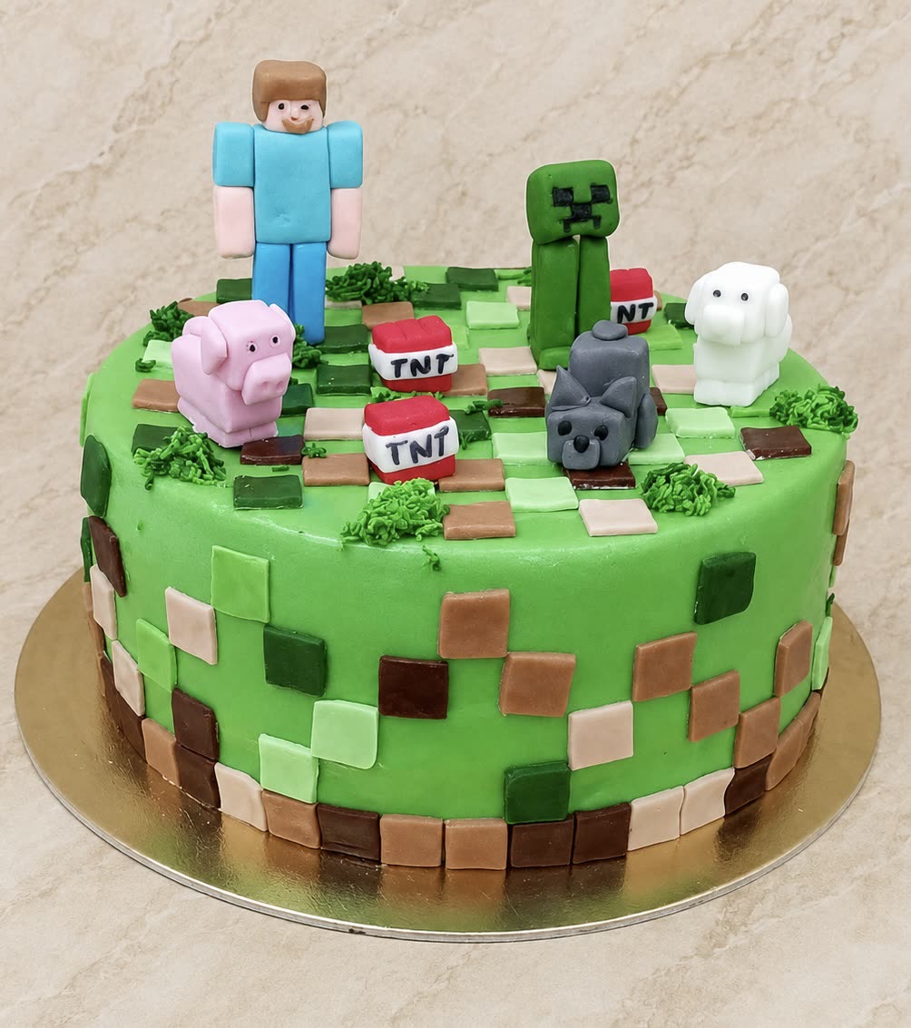 Kerek zöld Minecraft torta kézzel formázott figurákkal