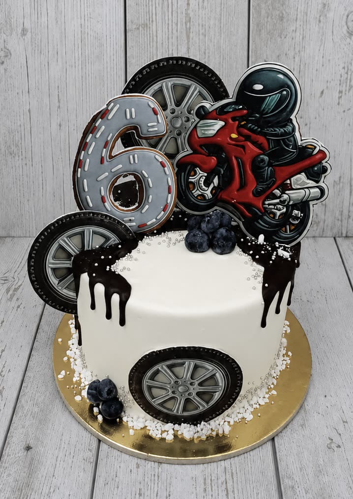Fehér torta csokoládé csorgatással, motoros és felni díszekkel