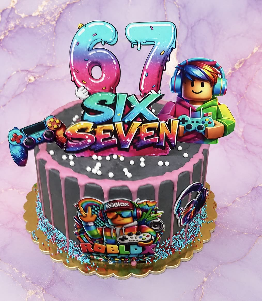 Sötét Roblox torta neon feliratokkal és kontrollerekkel